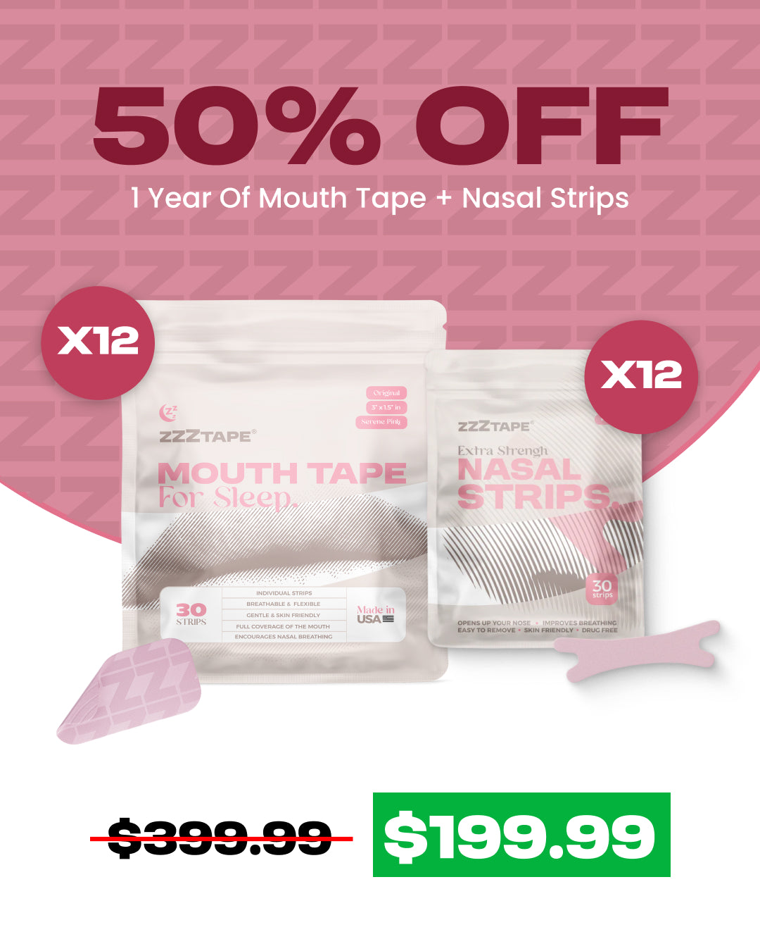 1 Year Mouth Tape + Nasal Strips Bundle